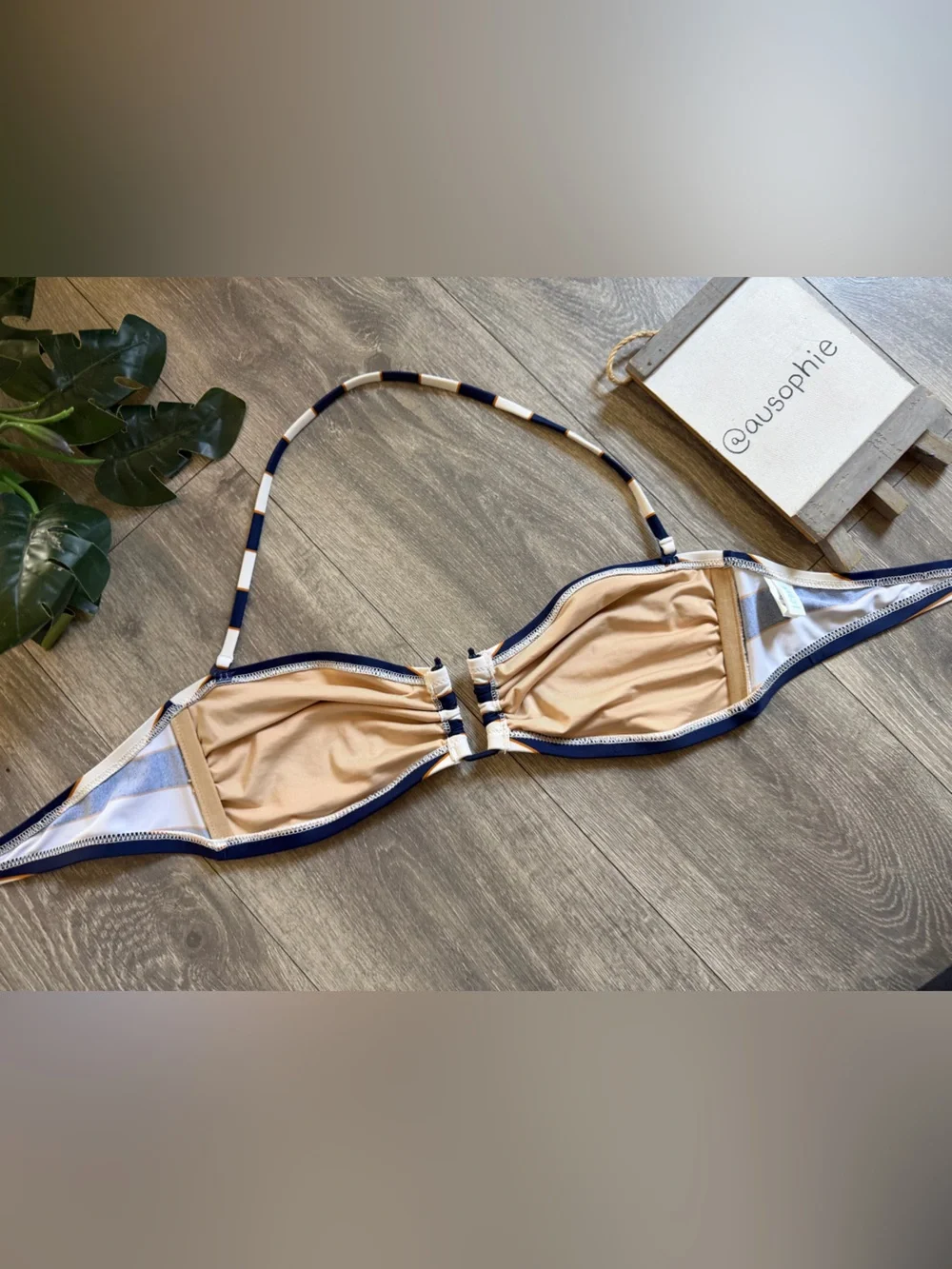 J. Crew Navy Gold and White Striped U Bar Bandeau Bikini Top w Halter Strap. L